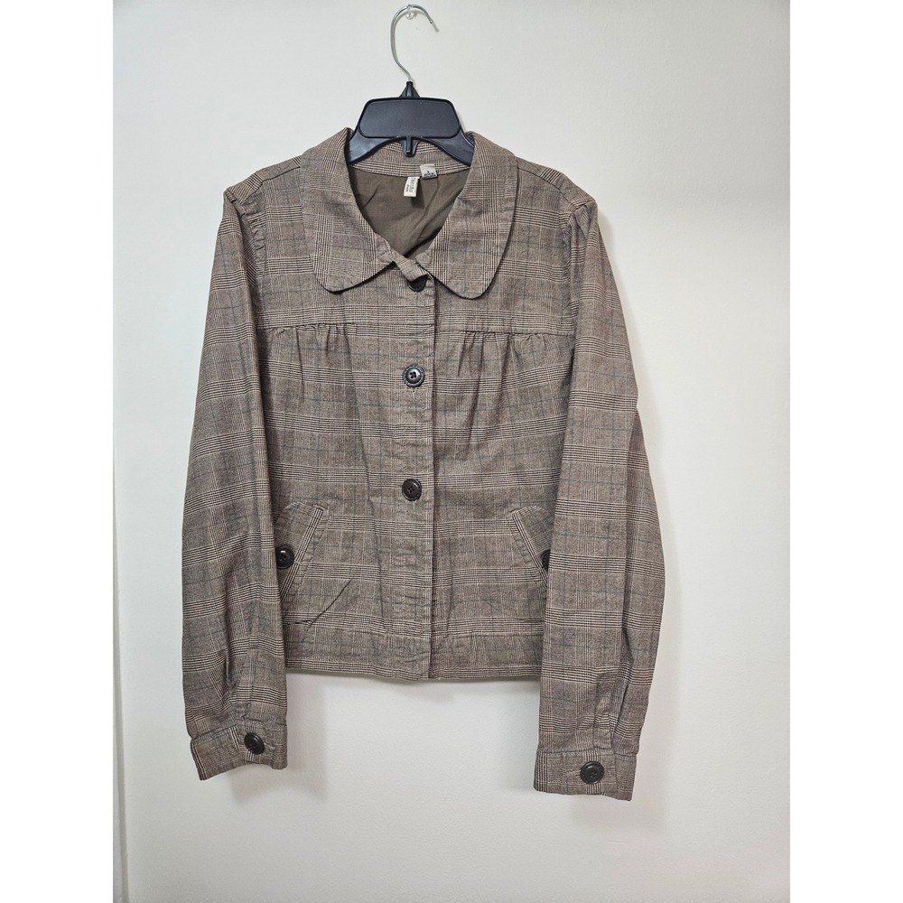 St. Johns Bay Brown Glen Plaid Button Front Jacket Peter Pan Collar Womens L